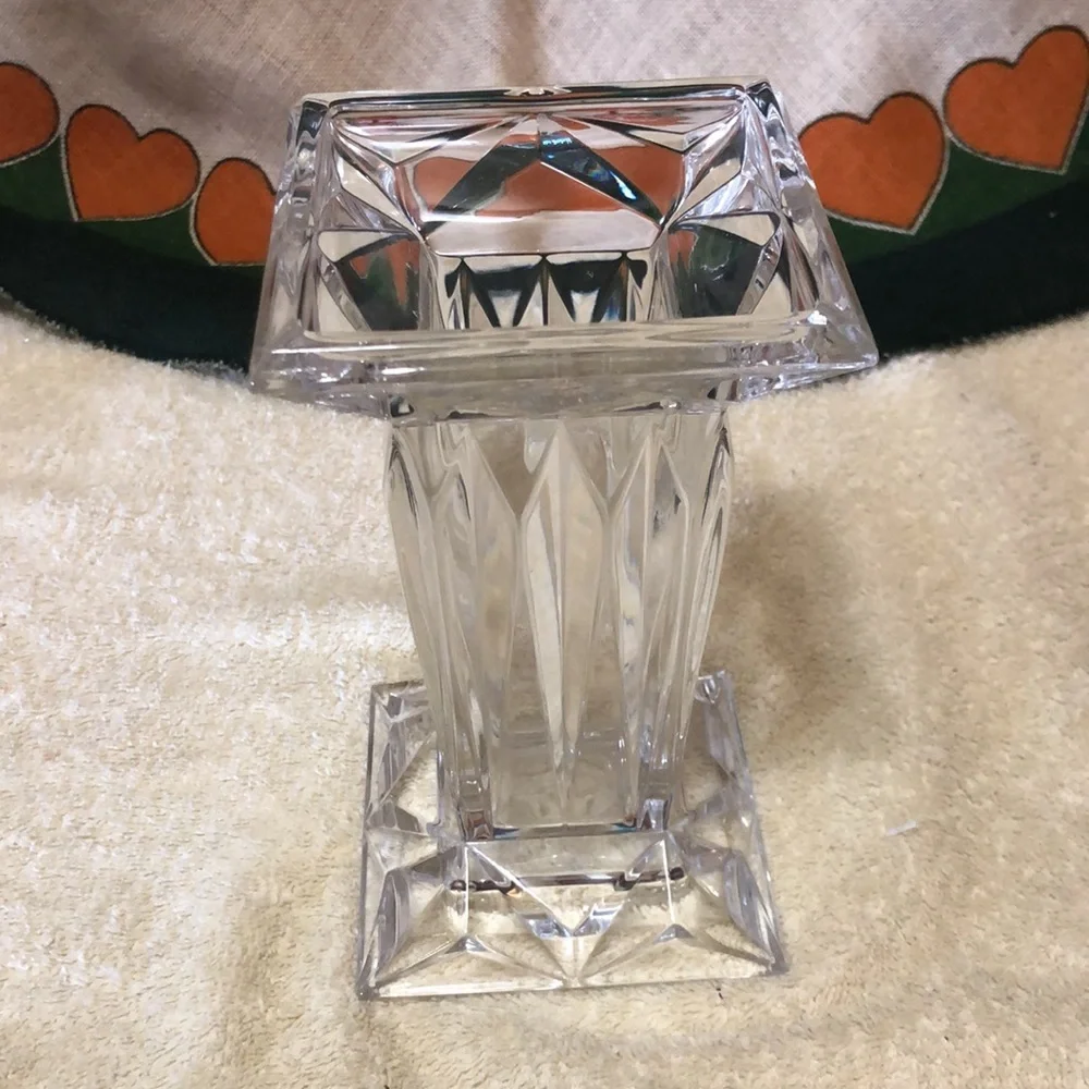 Vintage Heavy Cut Glass Pedestal Candle Holder/Vase, Reversible 7x4”